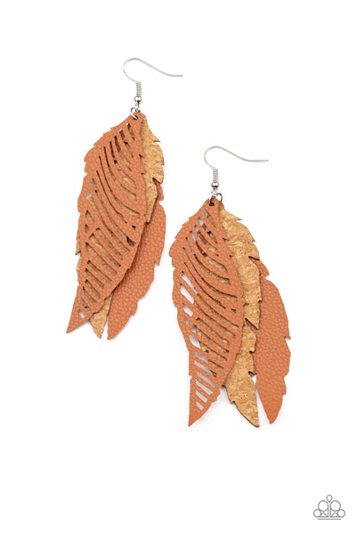 WINGING Off The Hook - Brown Paparazzi Leather Earrings