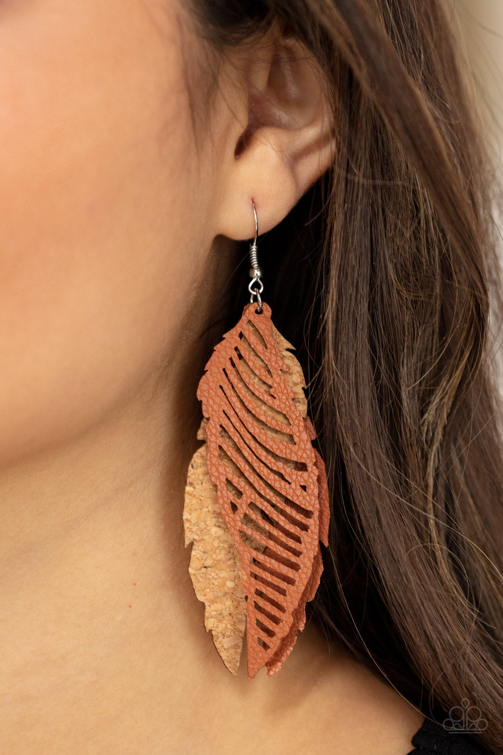 WINGING Off The Hook - Brown Paparazzi Leather Earrings