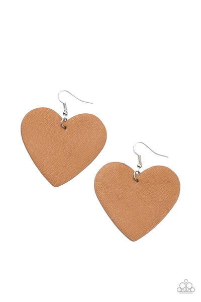 Country Crush - Brown Paparazzi Leather Heart Earrings