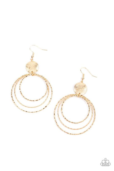 Universal Rehearsal - Gold Paparazzi Earrings