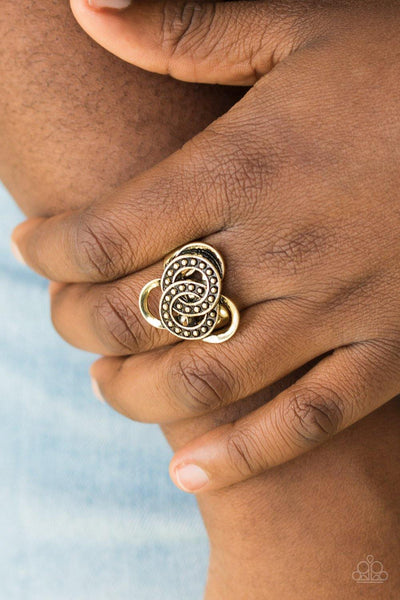 Dizzying Distraction Brass Paparazzi Ring - sofancyjewels