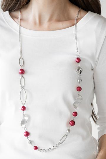 Paparazzi All About Me - Red Pearls - Silver Beads - Necklace and matching Earrings