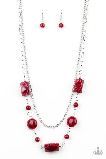 Paparazzi Colorfully Cosmopolitan - Red Beads - Silver Chain Necklace and matching Earrings