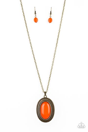 Paparazzi Practical Prairie - Orange Bead - Brass Necklace and matching Earrings